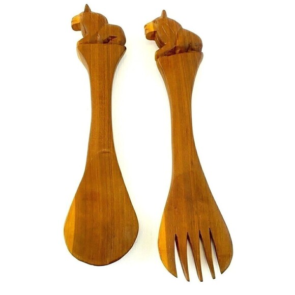 Hand Carved Lion Handle Salad Serving Spoon Fork Set African Vintage 80s 90s - Picture 1 of 7